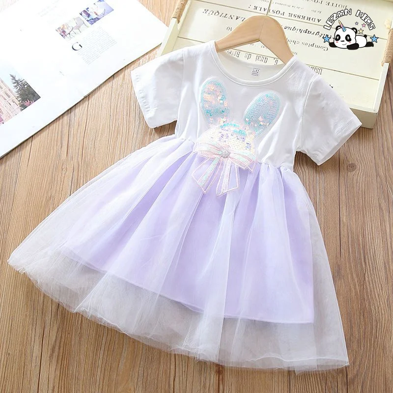 LEZONKIDS - Customizable Hot Selling Short Sleeved Fresh Dress Sequin Embroidered Rabbit Ears Mesh Daily Life Girls Dress